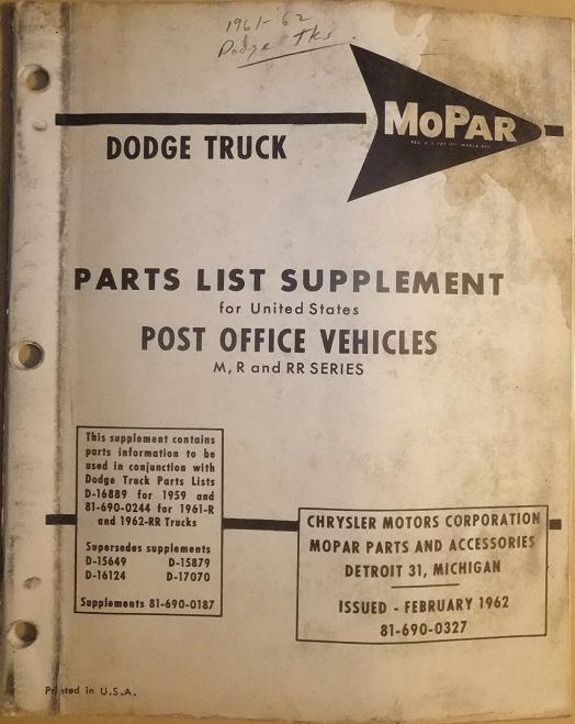 1962 Dodge Truck Parts List supplement Post Office Vehicles
