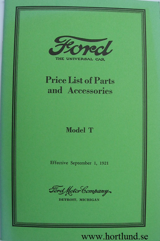 1909 - 1921 Ford Model T Price List of Parts and Accessories