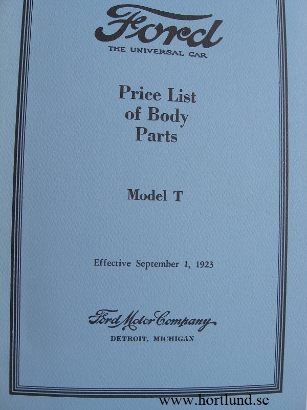 1915 - 1923 Ford Model T Price List of Body Parts