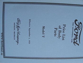 1915 - 1923 Ford Model T Price List of Body Parts