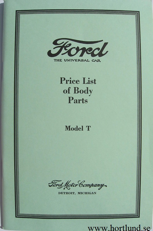 1915 - 1927 Ford Model T Price List of Body Parts