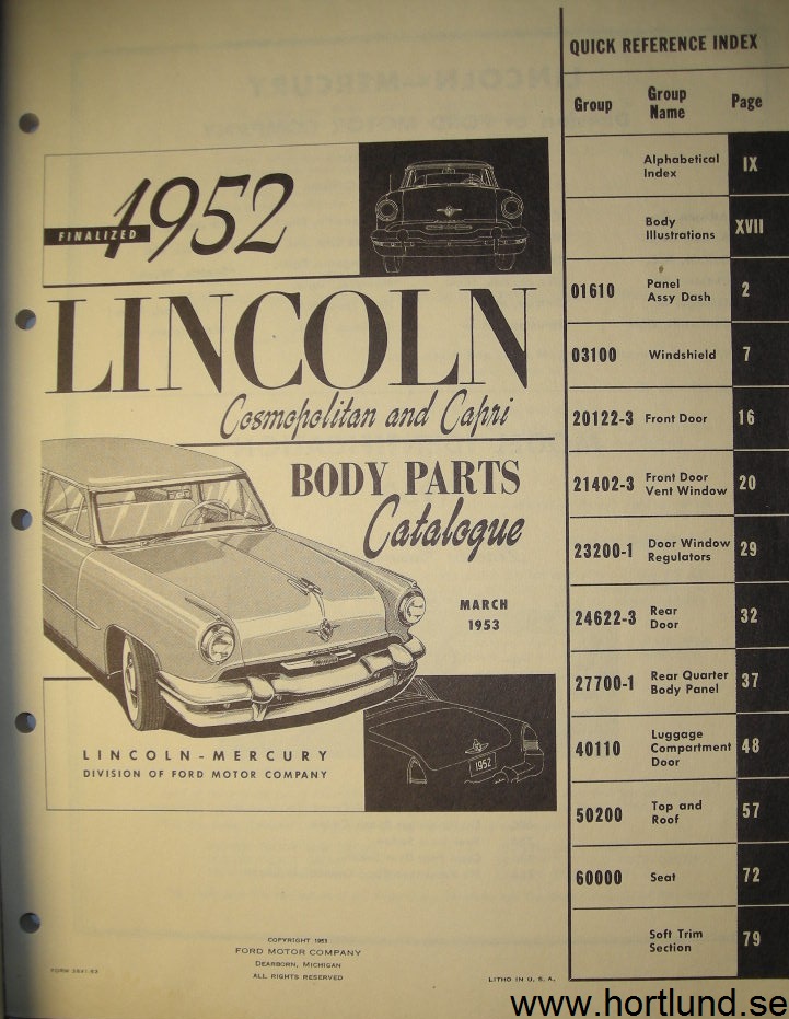 1952 Lincoln Cosmopolitan Body Parts Catalogue - 2