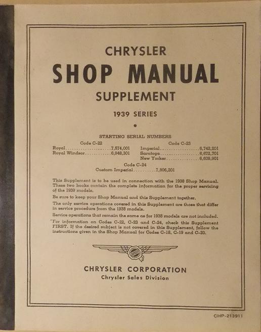 1939 Chrysler Passenger Car Shop Manual supplement
