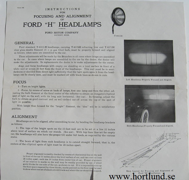 1922 Ford Model T "H" Headlamp Instructions