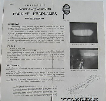 1922 Ford Model T "H" Headlamp Instructions