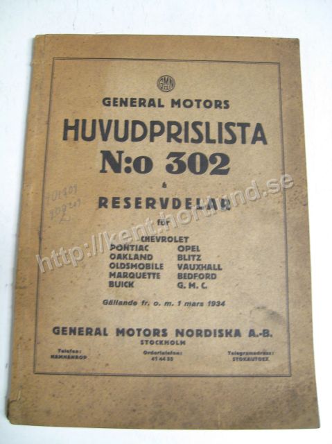 1934 General Motors Huvudprislista N:o 302 Svensk