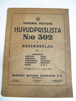 1934 General Motors Huvudprislista N:o 302 Svensk