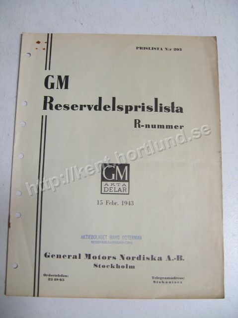 1943 GM Reservdelsprislista Svensk