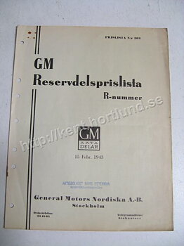 1943 GM Reservdelsprislista Svensk