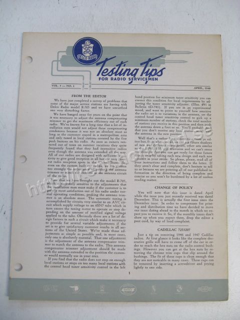 1948 Delco Radio Testing tips for radio servicemen April 1948