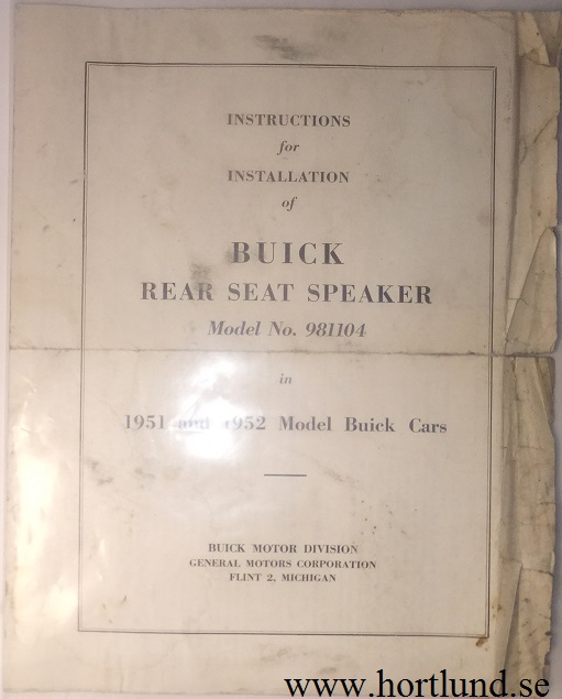 1951-52 Buick Instruktion för Rear Seat Speaker