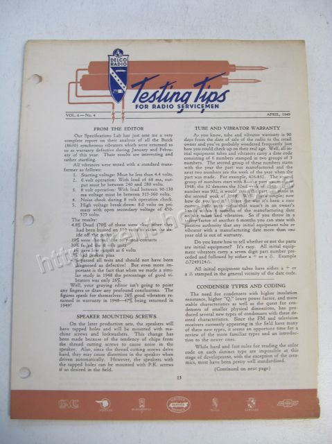 1949 Delco Radio Testing tips for radio servicemen April 1949