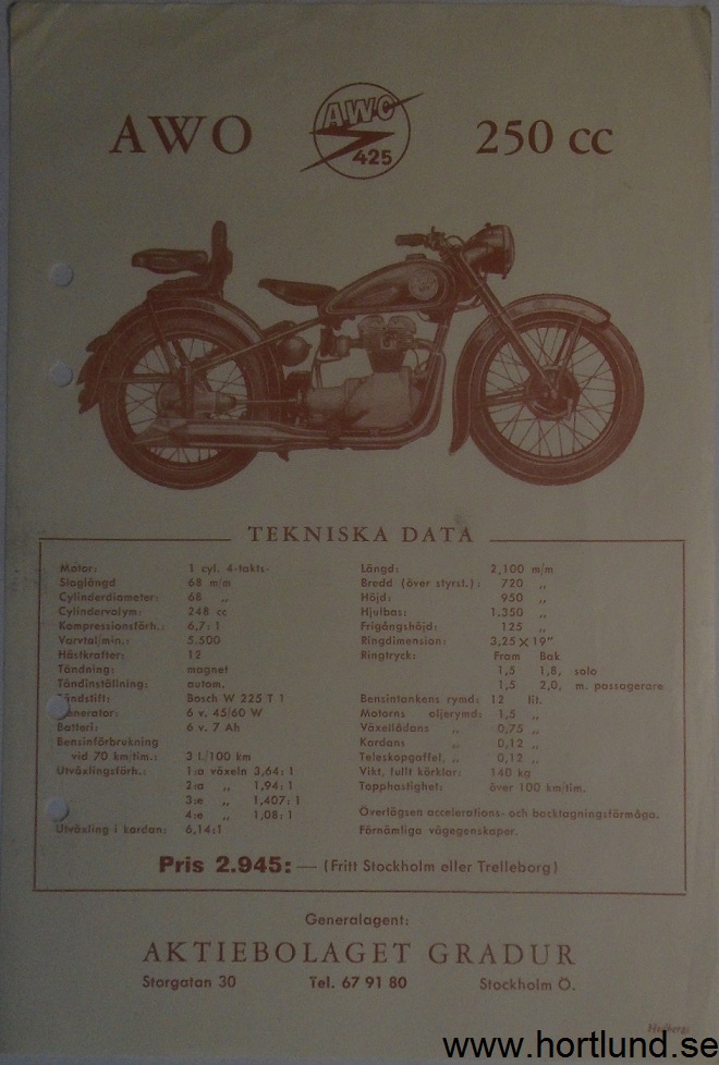 1951-1956 AWO 425 250 cc broschyr svensk