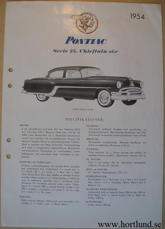 1954 Pontiac Chieftain Six broschyr svensk