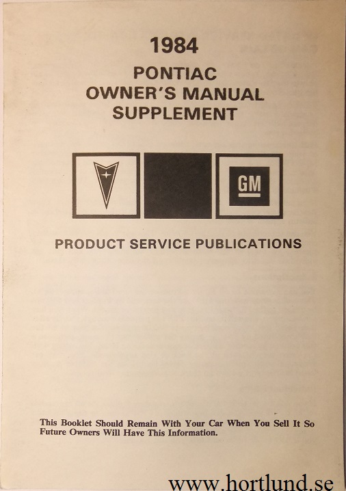 1984 Pontiac Owner's Manual Supplement alla modeller