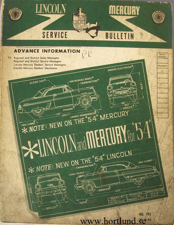 1954 Lincoln and Mercury Body-Chassis Repair and Adjustment Manual supplement original