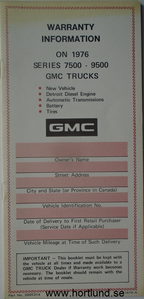1976 GMC 7500-9500 Truck Warranty Information