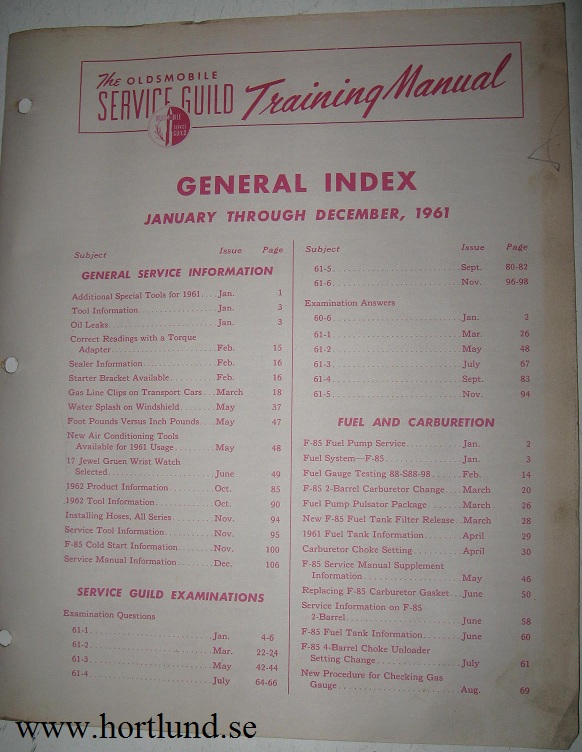 1961 Oldsmobile Service Guild Training Manual General Index för 1961 