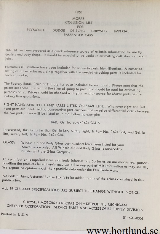 1960 MoPar Collision Parts List - 2