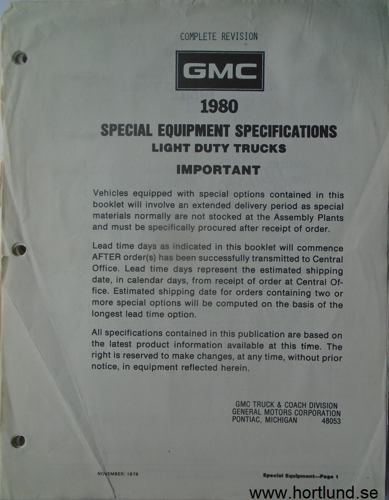 1980 GMC Special Equipment Specifications & Data Book