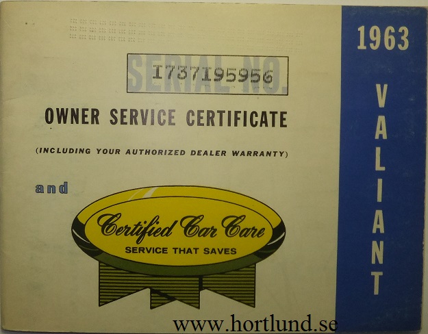 1963 Plymouth Valiant Owner Service Certificate