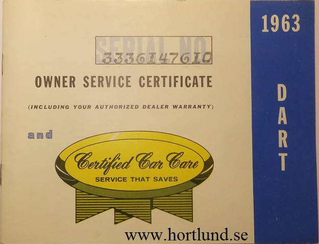 1963 Dodge Dart Owner Service Certificate