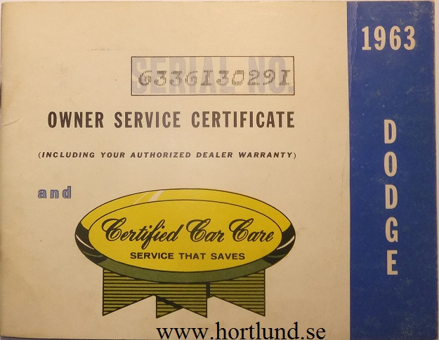 1963 Dodge Owner Service Certificate