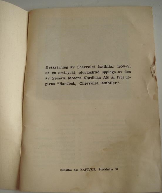 1950 - 1951 Chevrolet Lastbilar Handbok Svenskt Original - 2