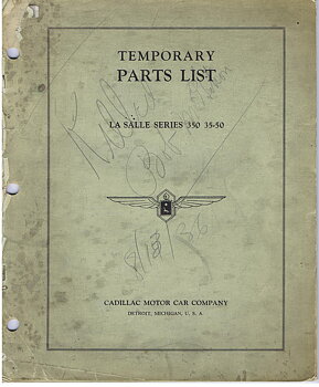 1935 La Salle Temporary Parts List series 350 35-50
