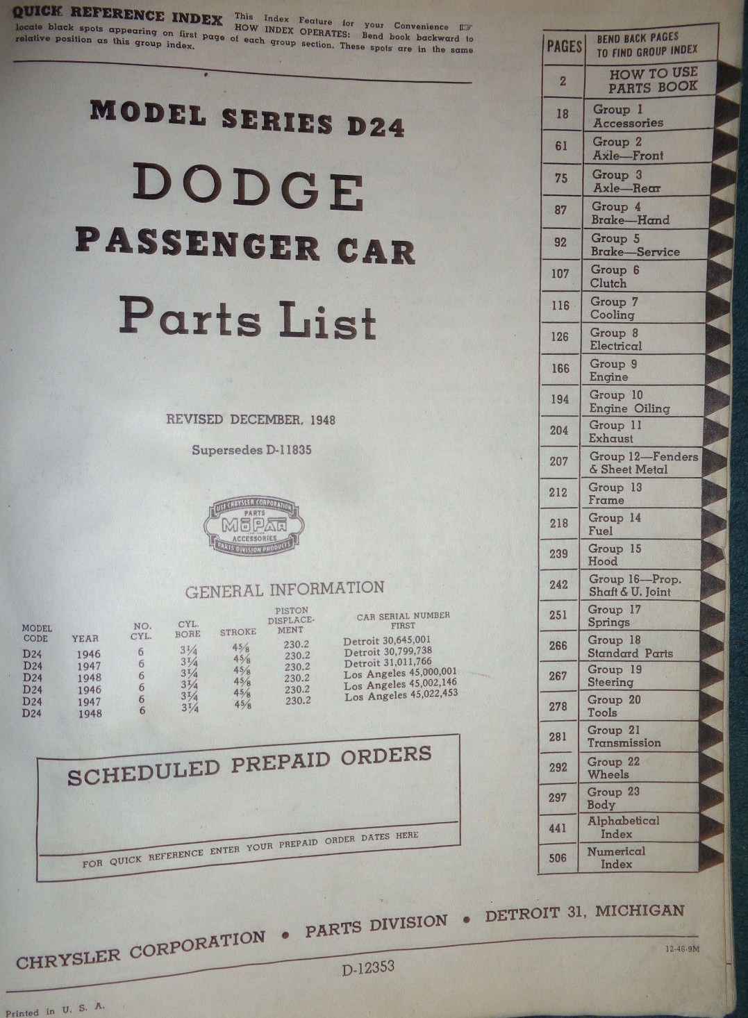 1946-1949 Dodge D24 Passenger Car Parts List - 2