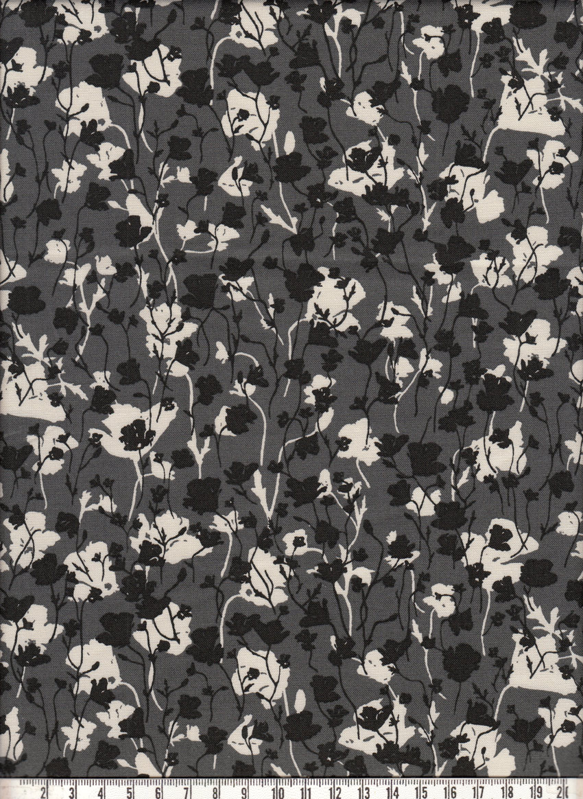 Gray Matter - Poppy Flower - Gray on Black Fabric (30 x 110 cm)