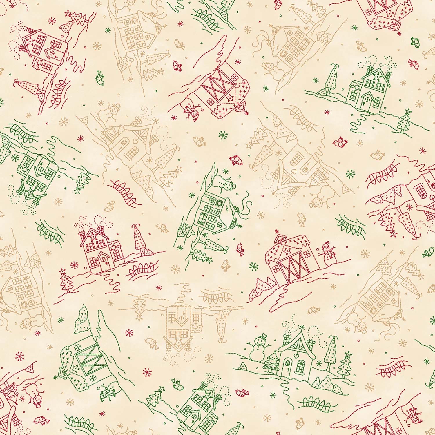 Tyg: Cottages, red/green - "Christmastime"