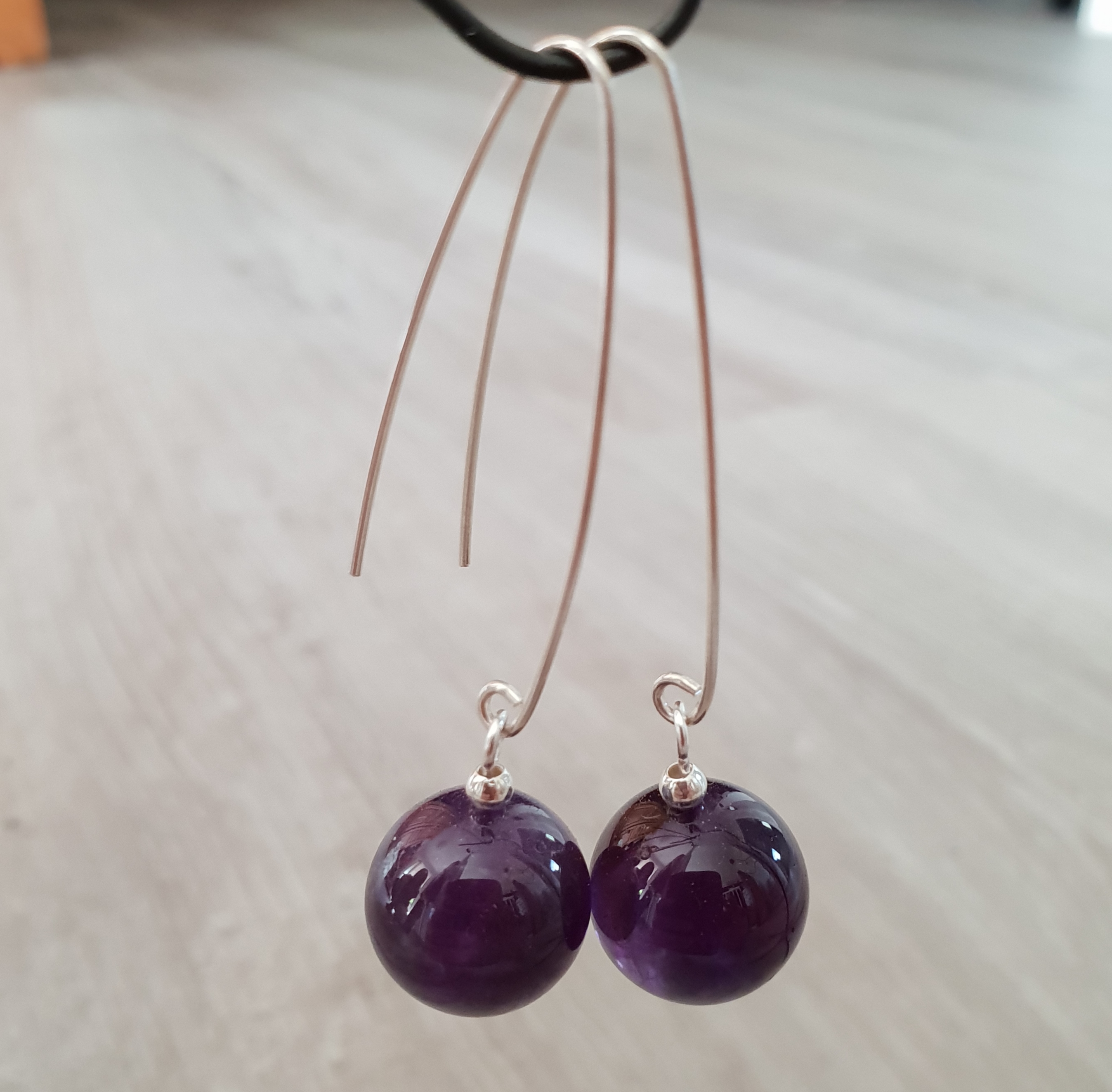 Örhängen Ametist 14 mm, handgjord krok  - 925 Sterling Silver