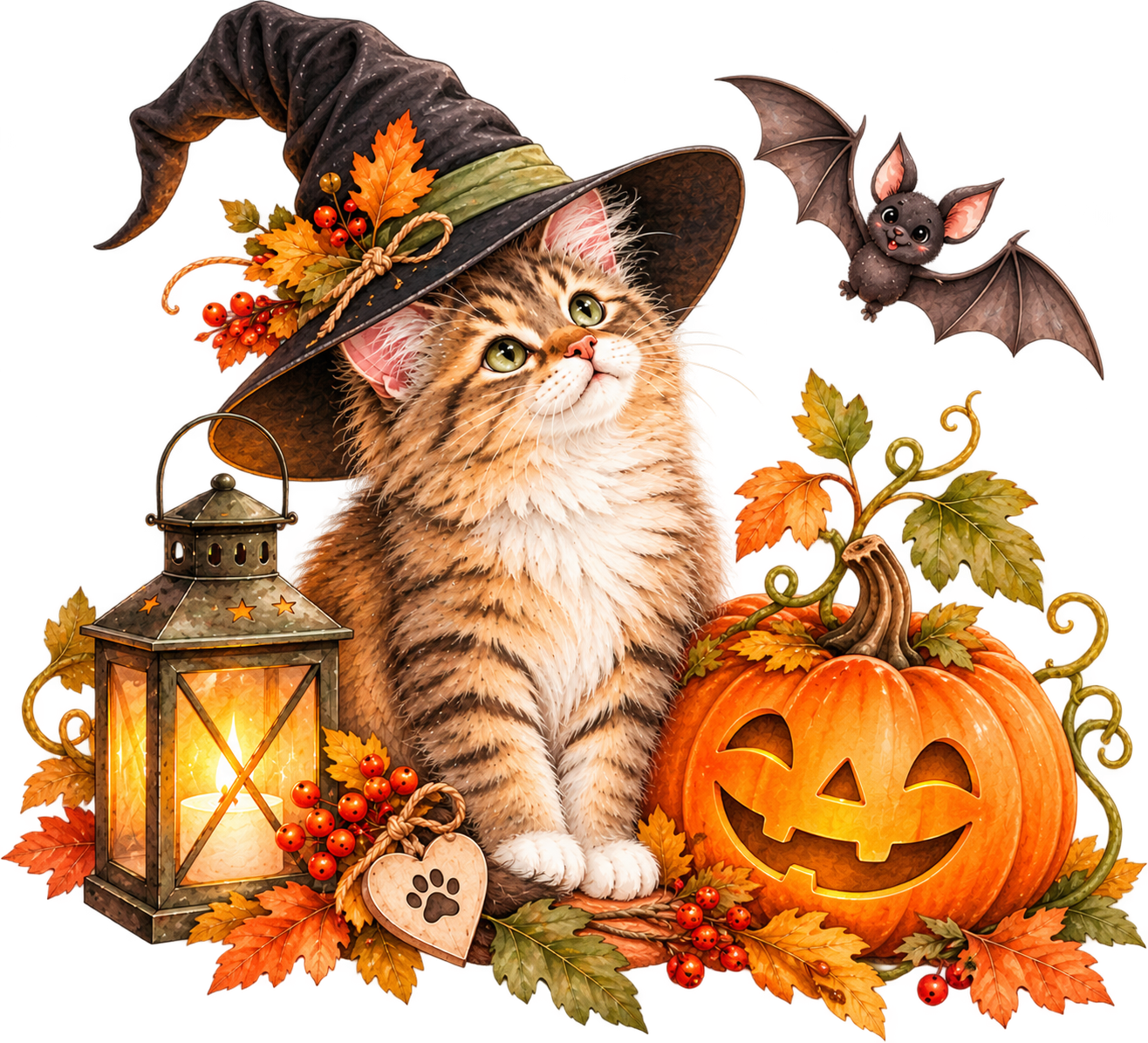 Vänlig Halloweenkatt med pumpa och lykta