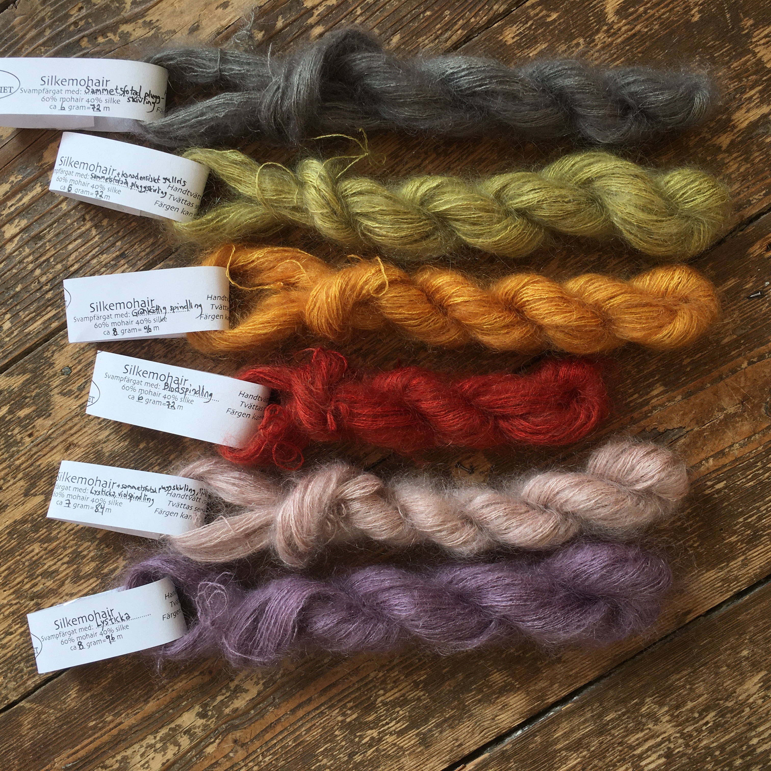 Silkemohair svamp-, koschenill & växtfärgat