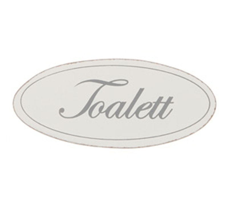 Vit dörrskylt i trä  "Toalett"