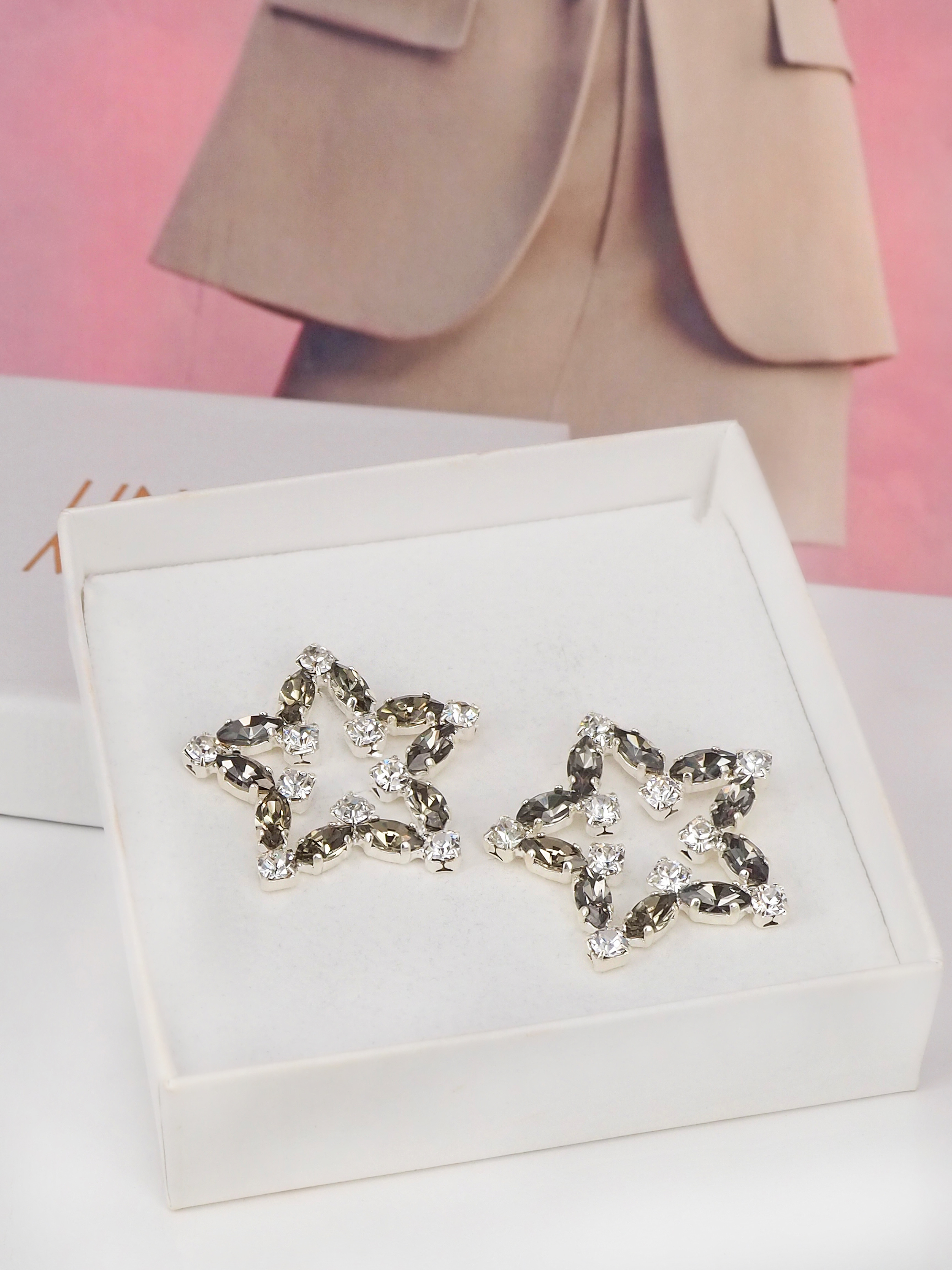 Earrings Star Stud Black Diamond Clear Silver - 2