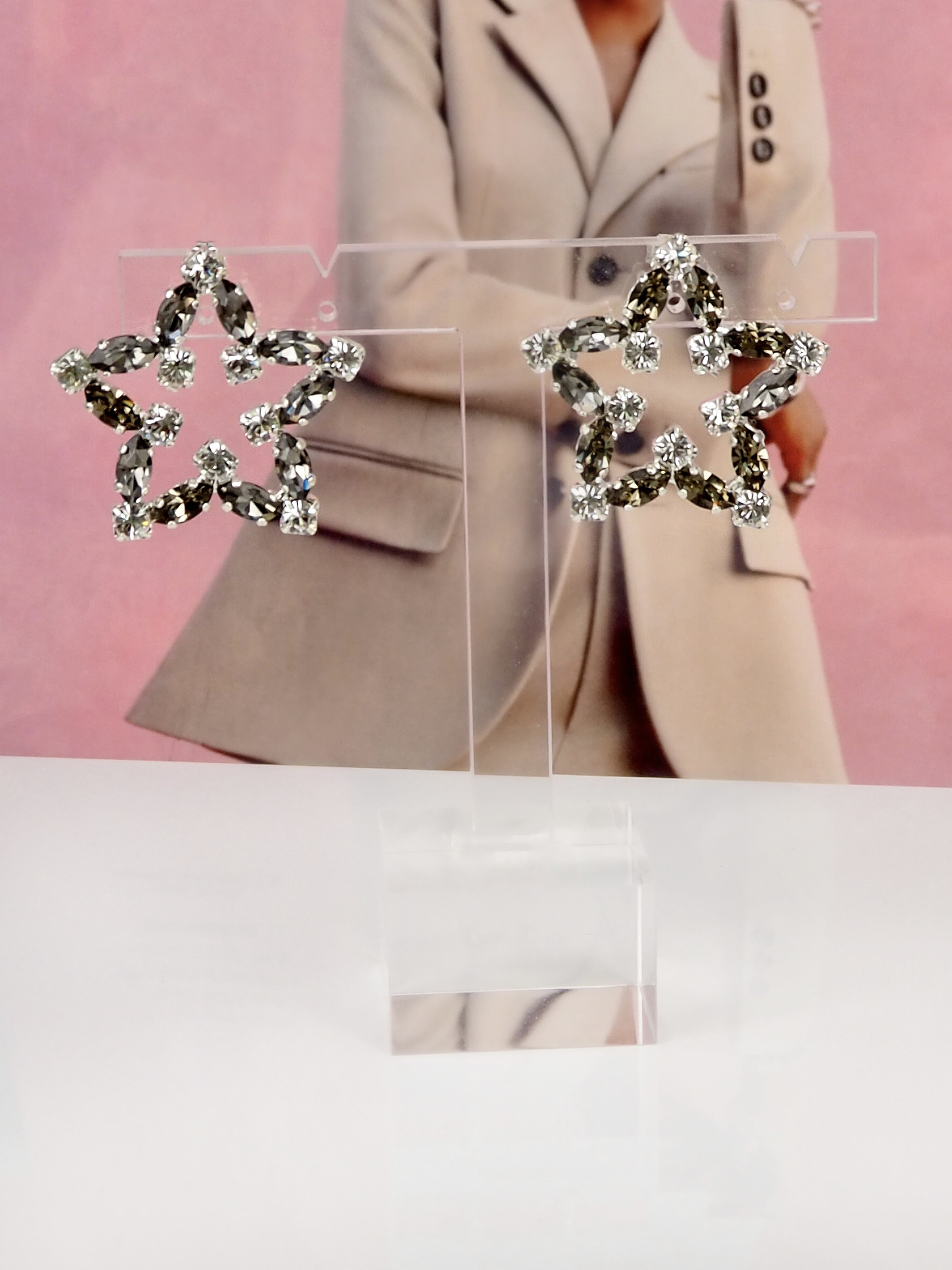 Earrings Star Stud Black Diamond Clear Silver