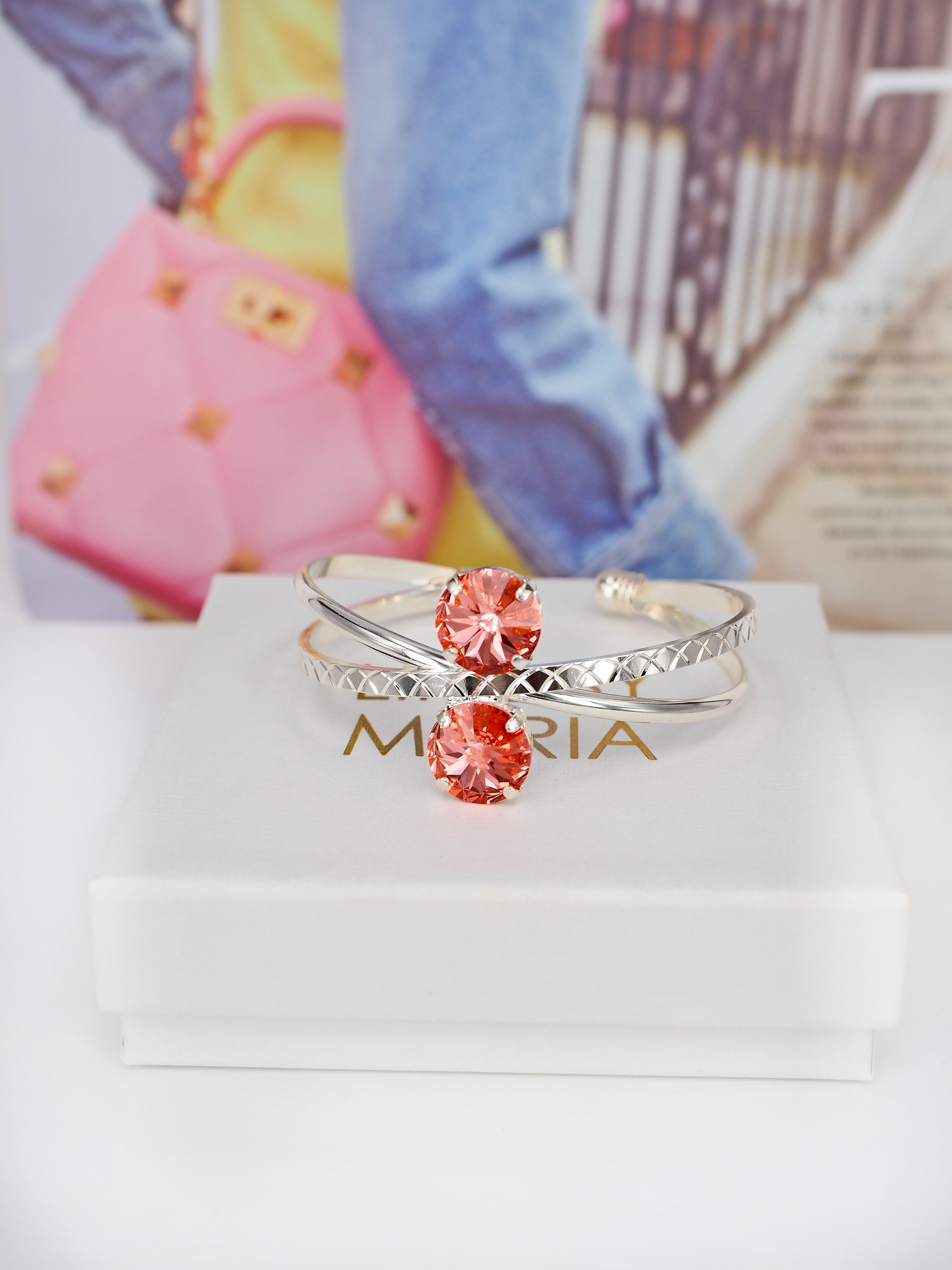 Bracelet  X-Shaped Cuff Rose Peach Silver