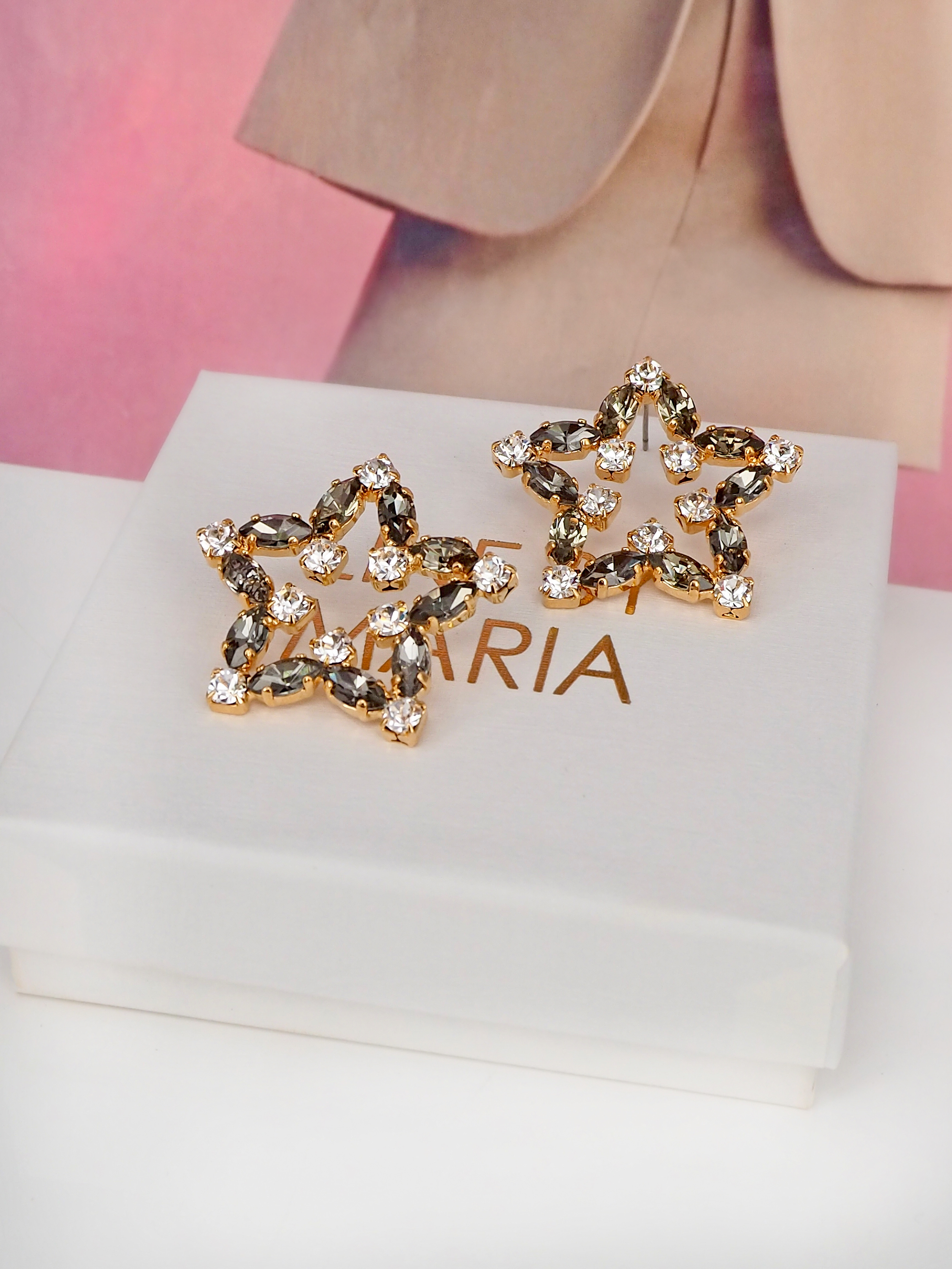 Earrings Star Stud Black Diamond Clear Gold - 2