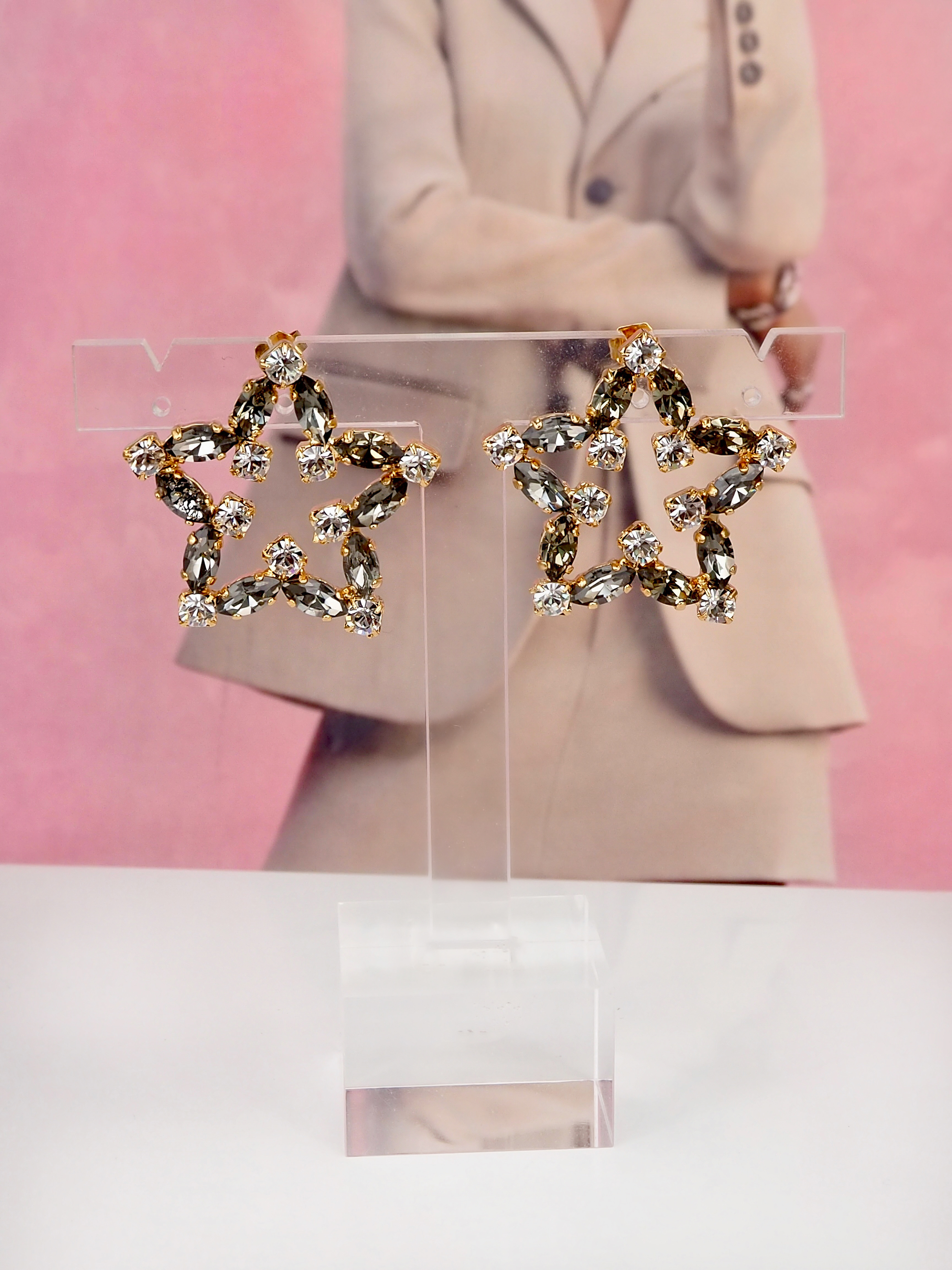 Earrings Star Stud Black Diamond Clear Gold