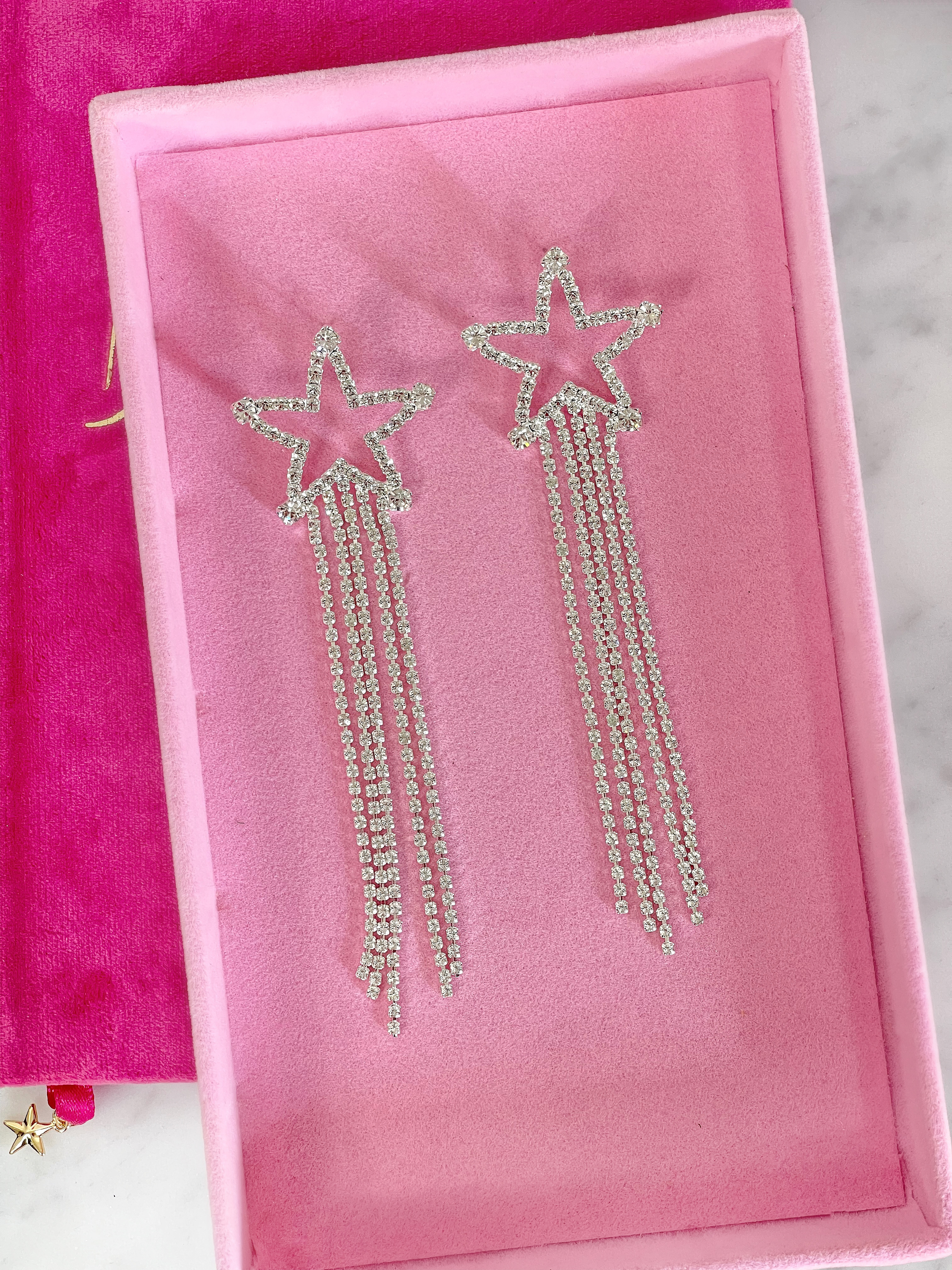 Earrings Dangle Star Clear Silver