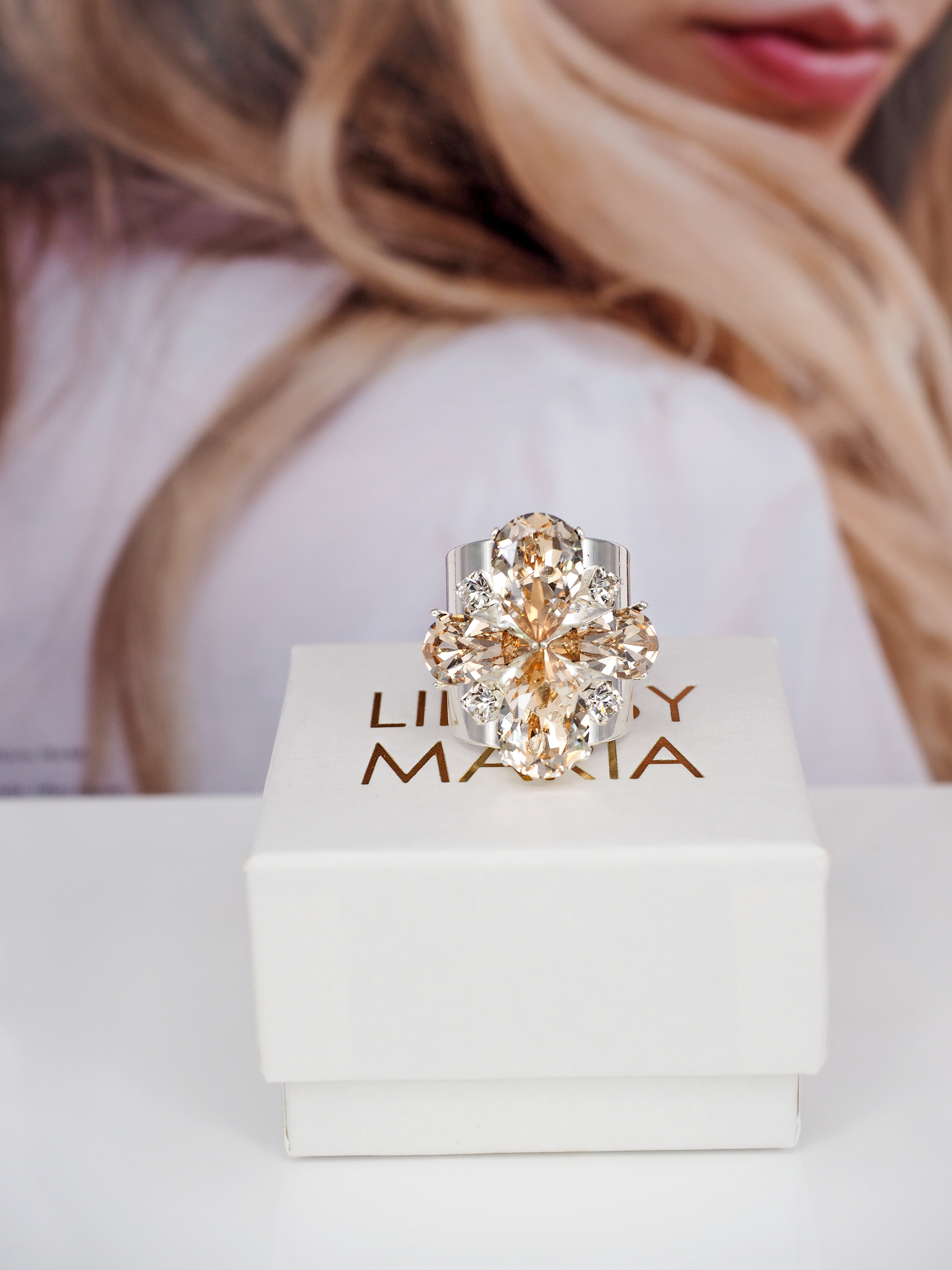 Ring Cocktail Janet Crystal Honey Silver