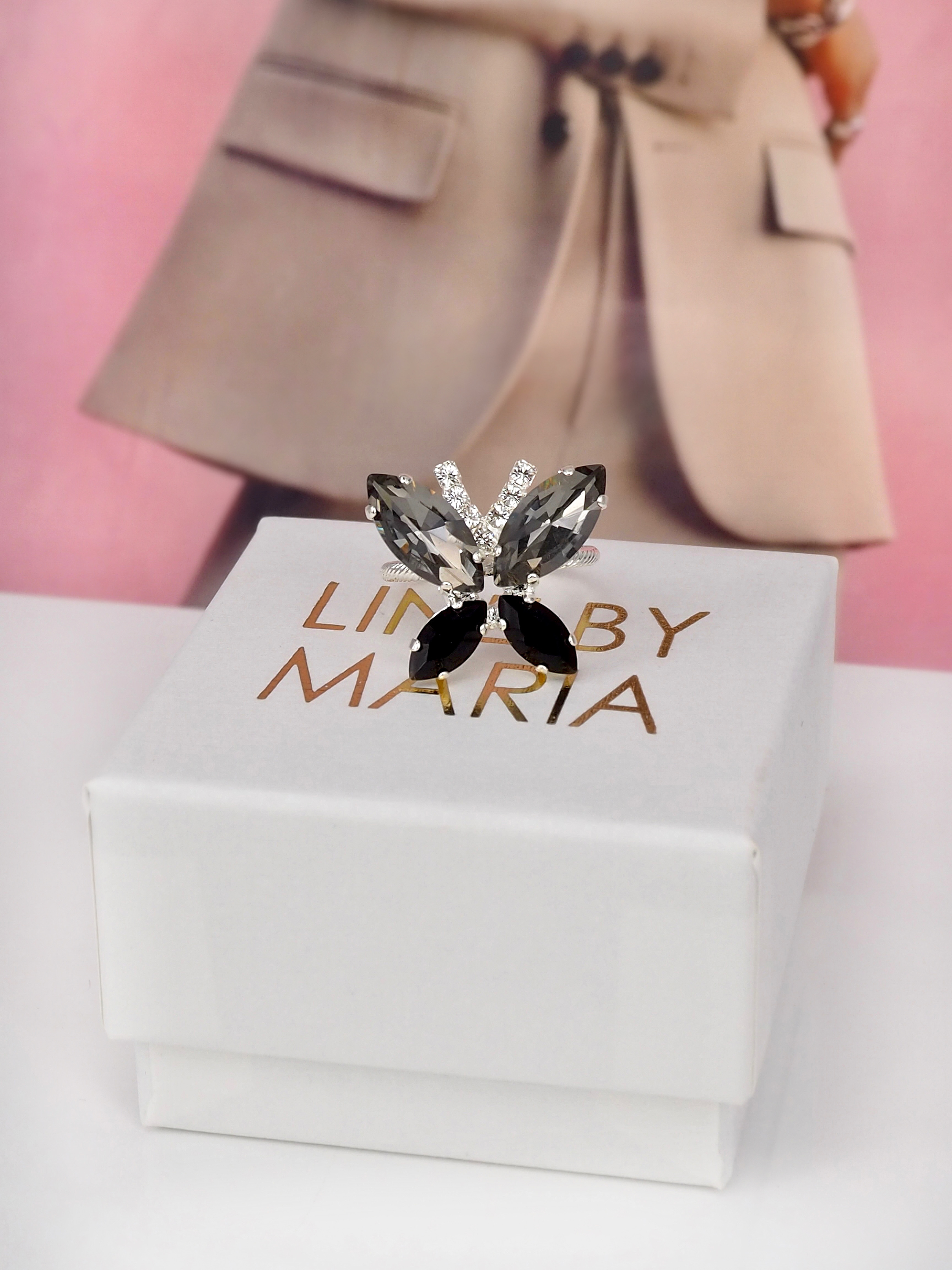 Ring Butterfly Black combo Silver