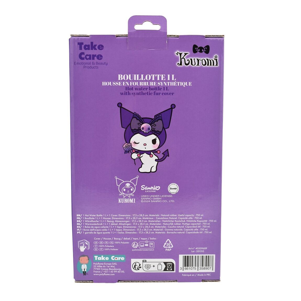 Sanrio Kuromi Varmvattenflaska med Lila Syntetpälsskydd - 1 liter  - 7