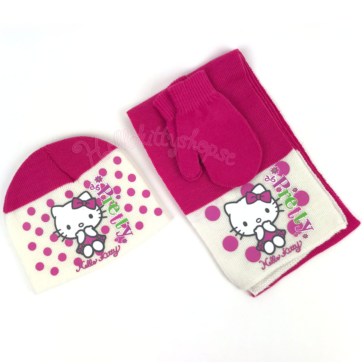 Hello Kitty Set Mössa, Halsduk & Vantar Rosa/Vit