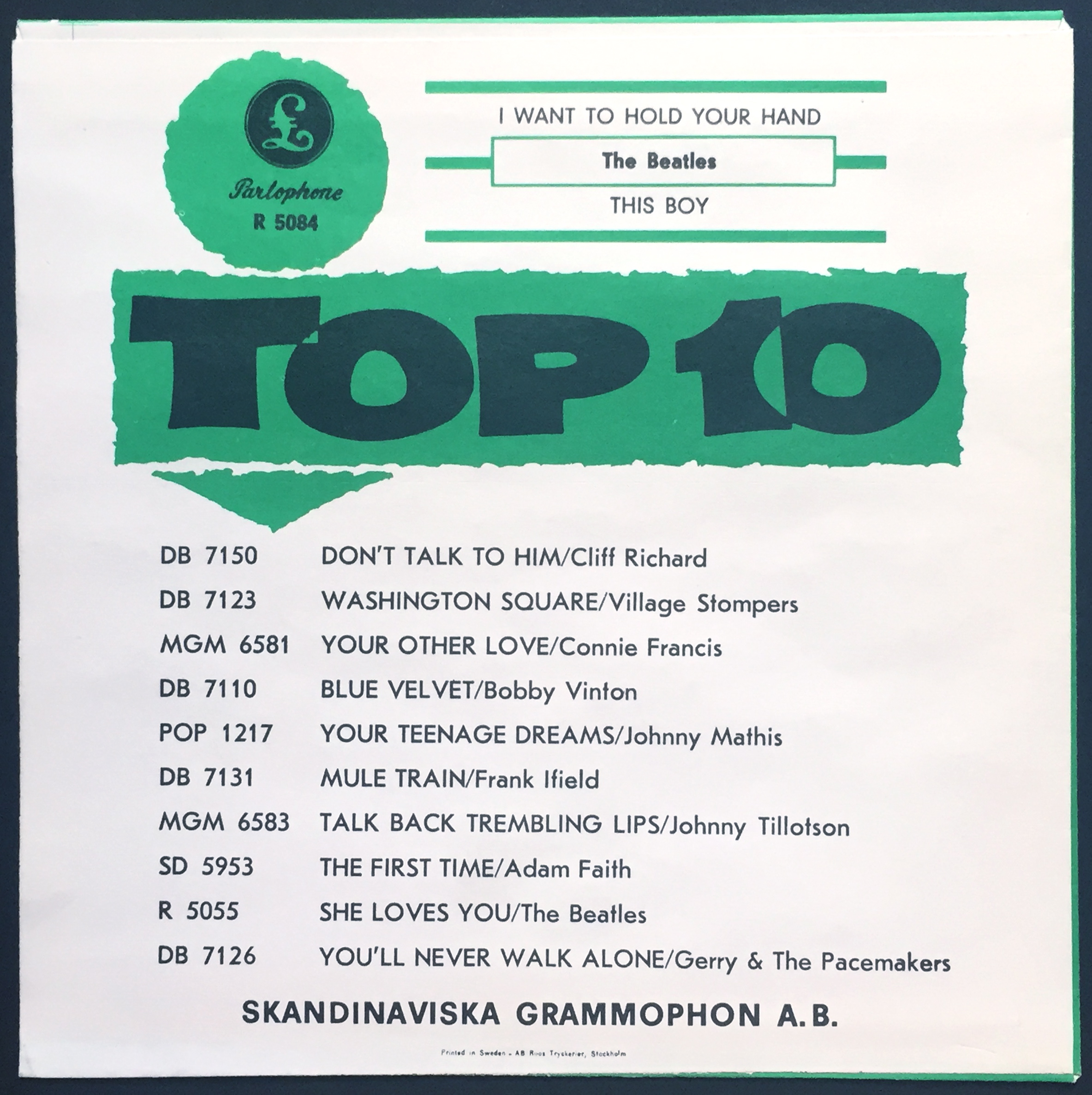 BEATLES - I want to hold your hand 7" Swe 1963 SVÅR GRÖN / MINT(-)!  - 2