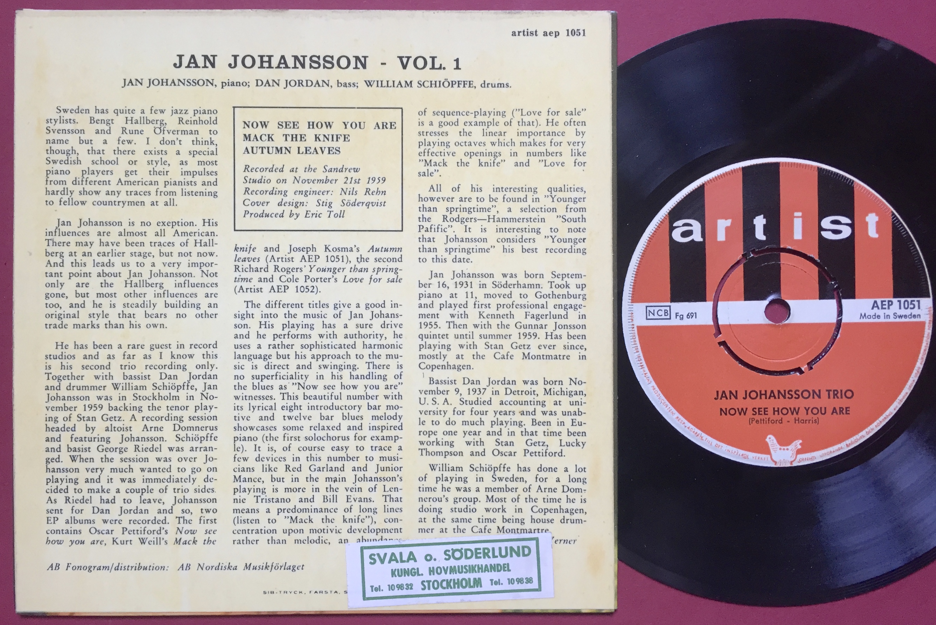 JAN JOHANSSON TRIO - Vol 1 Swe EP 1964 - 2