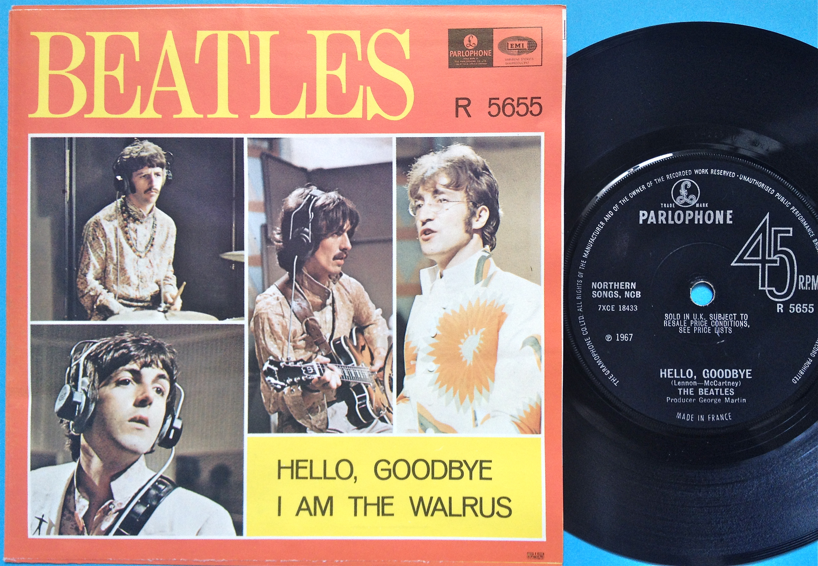 BEATLES - Hello goodbye 7" Rare UK/France SOLID centre 1967 PS
