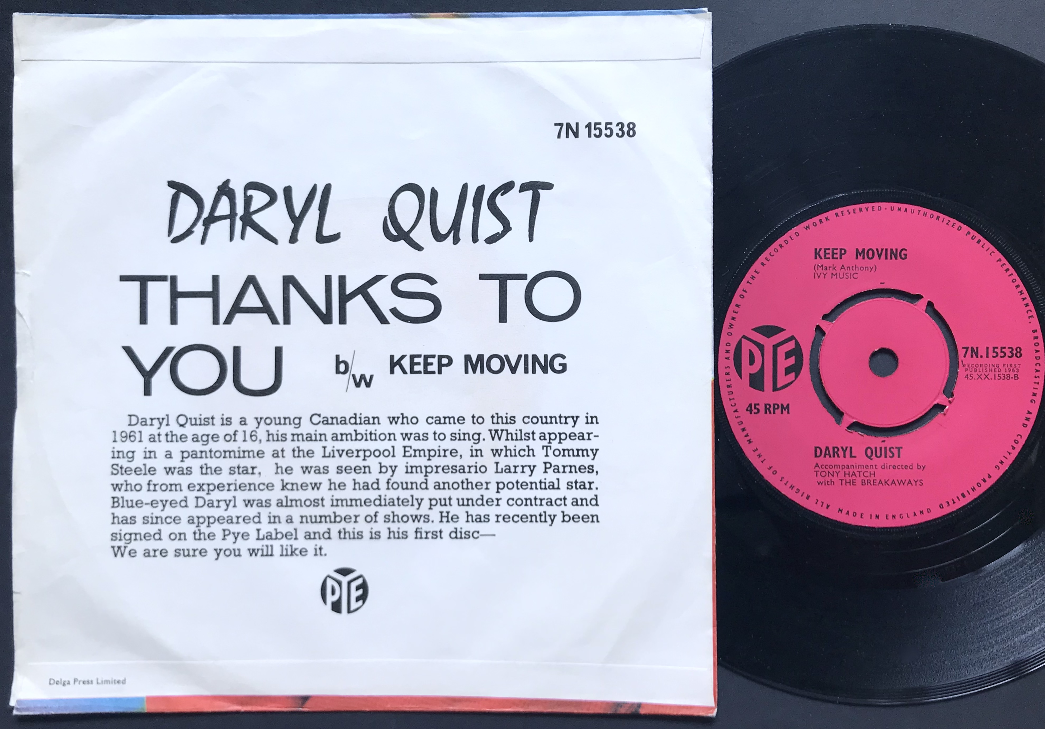 DARYL QUIST - Thanks to you UK PS 1963 - 2